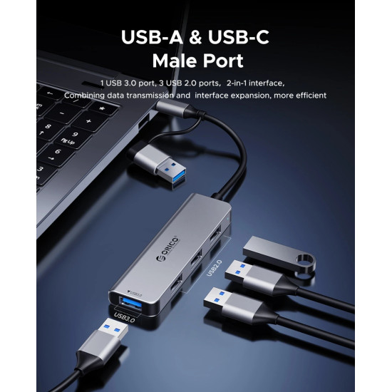 Orico хъб HUB USB-C/A 4 port - USB3.0 x 1, SD/TF x 2, USB2.0 x 2, USB-C x 2, Aluminium - YSA6-U3-GY