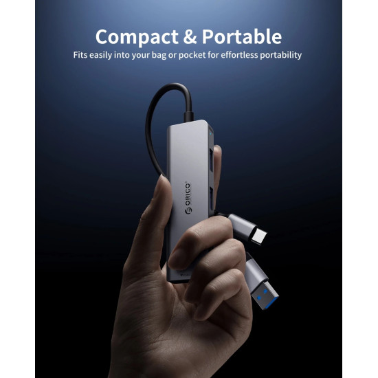 Orico хъб HUB USB-C/A 4 port - USB3.0 x 1, SD/TF x 2, USB2.0 x 2, USB-C x 2, Aluminium - YSA6-U3-GY