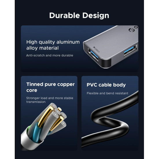 Orico хъб HUB USB-C/A 4 port - USB3.0 x 1, SD/TF x 2, USB2.0 x 2, USB-C x 2, Aluminium - YSA6-U3-GY