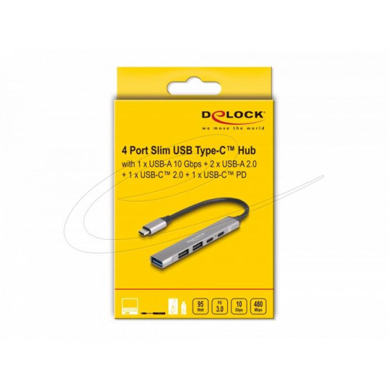 Delock 4 Port Slim USB Type-C™ Hub with 1 x USB 10 Gbps Type-A + 2 x USB 2.0 Type-A + 1 x USB 2.0 USB Type-C™ and PD 95 W Delock 4 Port Slim USB Type-C™ Hub with 1 x USB 10 Gbps Type-A + 2 x USB 2.0 Type-A + 1 x USB 2.0 USB Type-C™ and PD 95 W