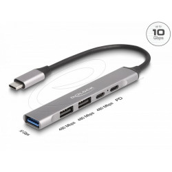 Delock Хъб USB-C, 4 порта, 1 x USB-A 10 Gbps, 2 x USB-A, 1 x USB-C, USB-C PD 95 W