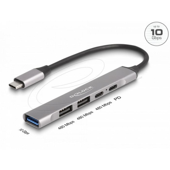 Delock 4 Port Slim USB Type-C™ Hub with 1 x USB 10 Gbps Type-A + 2 x USB 2.0 Type-A + 1 x USB 2.0 USB Type-C™ and PD 95 W Delock 4 Port Slim USB Type-C™ Hub with 1 x USB 10 Gbps Type-A + 2 x USB 2.0 Type-A + 1 x USB 2.0 USB Type-C™ and PD 95 W