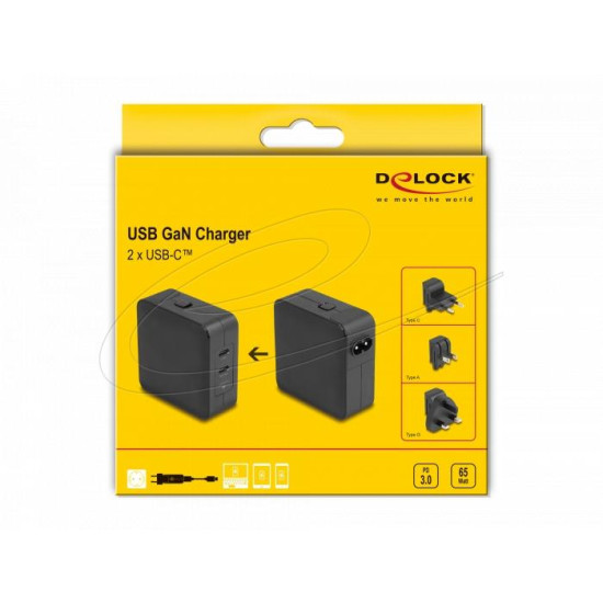 Delock USB GaN Charger 2 x USB Type-C™ PD 3.0 with 65 W including power adapter for EU / US / UK Delock USB GaN Charger 2 x USB Type-C™ PD 3.0 with 65 W including power adapter for EU / US / UK