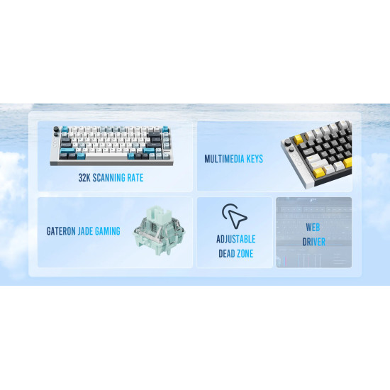 Lamzu професионална геймърска механична клавиатура Professional Gaming Mechanical Keyboard JET 75 - 8K, Magnetic Gateron Jade Switches - White/Blue