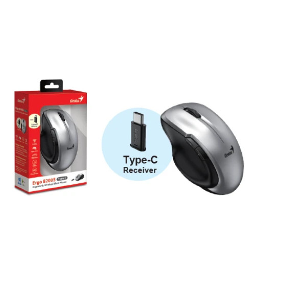 Genius безжина безшумна мишка Mouse Wireless Silent - Ergo 8200S Silver - Silent, 2.4GHz, USB-C receiver Genius безжина безшумна мишка Mouse Wireless Silent - Ergo 8200S Silver - Silent, 2.4GHz, USB-C receiver