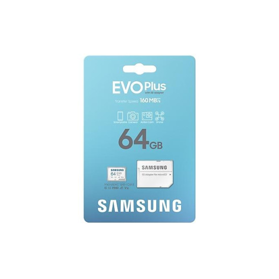 Карта памет Samsung EVO Plus, microSDXC, UHS-I, 64GB, Адаптер Карта памет Samsung EVO Plus, microSDXC, UHS-I, 64GB, Адаптер