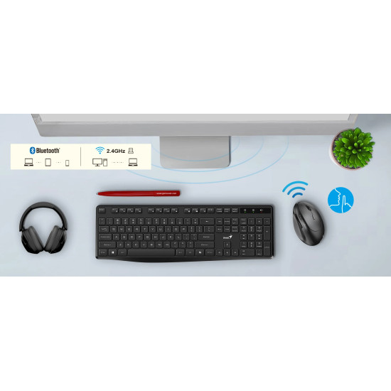Genius вертикална безжична мишка Vertical Mouse wireless Ergo 8350S - Silent, AI, Bluetooth, 2.4G, Dark Grey