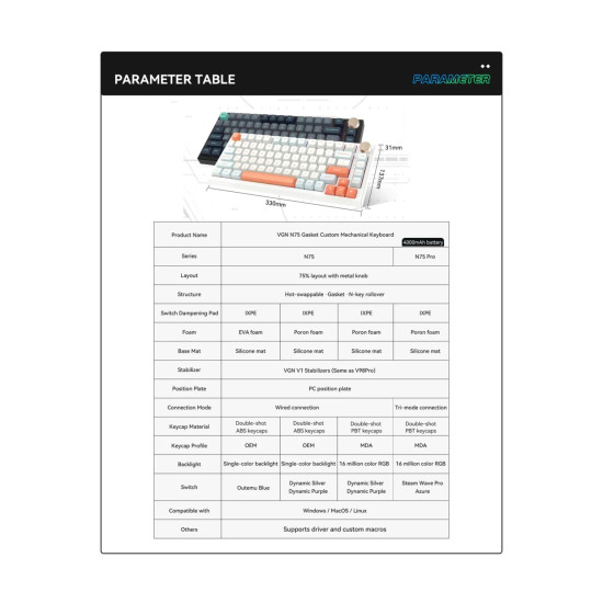 VGN безжична геймърска механична клавиатура Wireless Gaming Mechanical Keyboard - N75 PRO Caribbean Blue - Azure Switches [Linear]