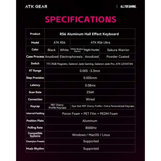 ATK професионална геймърска механична клавиатура Professional Gaming Mechanical Keyboard RS6 - 8K, Gateron Jade Pro Switches [Linear] - Black