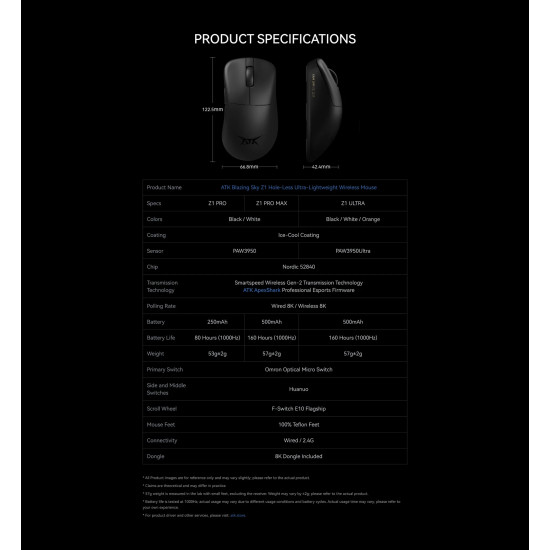 ATK професионална геймърска мишка Wireless Gaming Mouse Z1 PRO MAX - 8K, White ATK професионална геймърска мишка Wireless Gaming Mouse Z1 PRO MAX - 8K, White