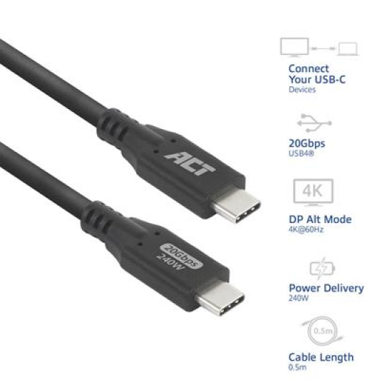 ACT Cable USB-C - USB-C, 0.5 m / USB4, 20Gbps, 240W ACT Cable USB-C - USB-C, 0.5 m / USB4, 20Gbps, 240W