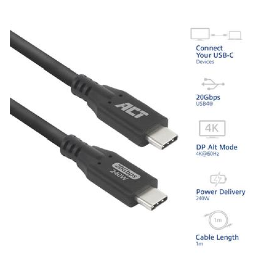 ACT Кабел USB-C - USB-C, 1 м / USB4, 20Gbps, 240W