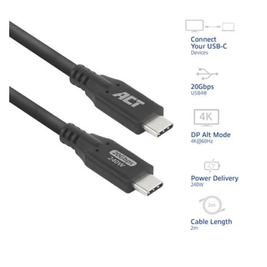 ACT Кабел USB-C - USB-C, 2 м / USB4, 20Gbps, 240W
