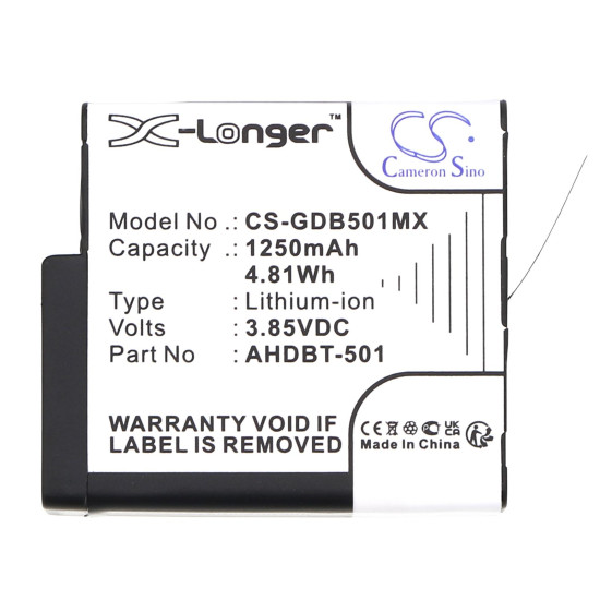 Camera Battery for GOPRO Hero 5; Hero 6; Hero 7; Hero 8   AHDBT-501  3,85V 1250mAh   LIIon Cameron Sino Camera Battery for GOPRO Hero 5; Hero 6; Hero 7; Hero 8   AHDBT-501  3,85V 1250mAh   LIIon Cameron Sino