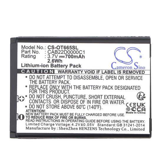 Mobile battery  ALCATEL 2010D, One Touch 356, One Touch 665  CAB22B0000C1 LiIon 3,7V 700mAh CAMERON SINO Mobile battery  ALCATEL 2010D, One Touch 356, One Touch 665  CAB22B0000C1 LiIon 3,7V 700mAh CAMERON SINO
