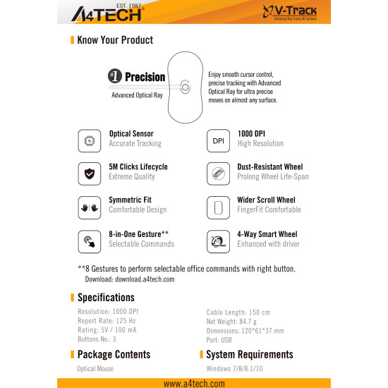 A4tech OP-330S Оптична мишка V-Track, безшумен клик, 1000 dpi,USB черна