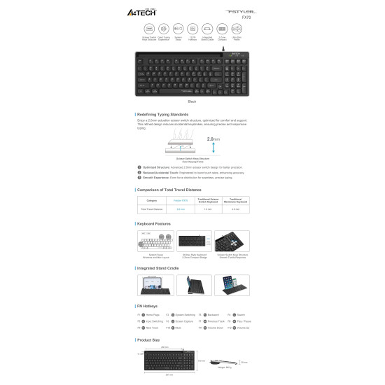 A4tech Fstyler FX70 Жична клавиатура, ниско профилна, ножична технология, кирилизирана, черна