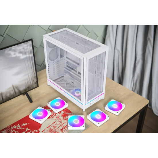Montech кутия Case ATX - HS01 PRO (W) - 5 x 120 mm ARGB Fans, USB-C, White