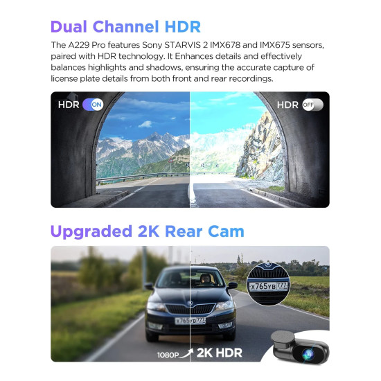 VIOFO Видеорегистратор Dash Cam A229 Pro 2 Channel - 4K, HDR, Dual Sony STARVIS 2, GPS, Bluetooth