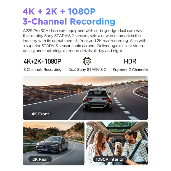 VIOFO Видеорегистратор Dash Cam A229 Pro 3 Channel - 4K, HDR, Dual Sony STARVIS 2, GPS, Bluetooth
