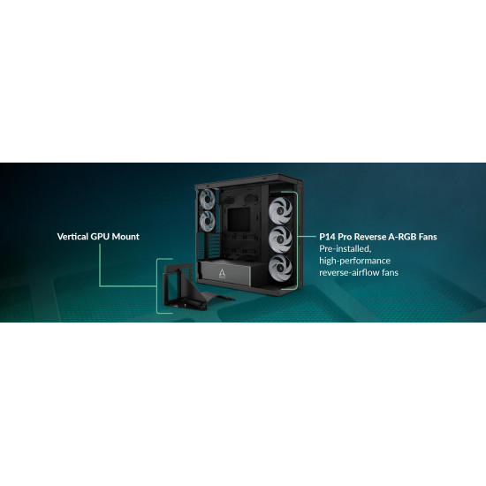 Arctic кутия Case E-ATX - Xtender VG (Mirror Black) - PCIe Gen 4 riser included, 5 A-RGB Fans included
