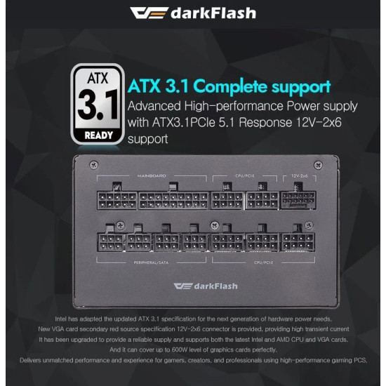Darkflash захранване PSU ATX 3.1 1250W Gold, Full Modular, PCIe 5.1 - PMT1250 A3