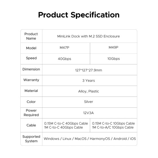 Orico докинг станция SSD Docking station M.2 NVMe - USB4(40Gbps) x 1, USB3.2(10Gbps) x 3, M.2 SSD x 2, SD/TF 4.0 - MiniLink M47P-EU-SV Orico докинг станция SSD Docking station M.2 NVMe - USB4(40Gbps) x 1, USB3.2(10Gbps) x 3, M.2 SSD x 2, SD/TF 4.0 - MiniLink M47P-EU-SV