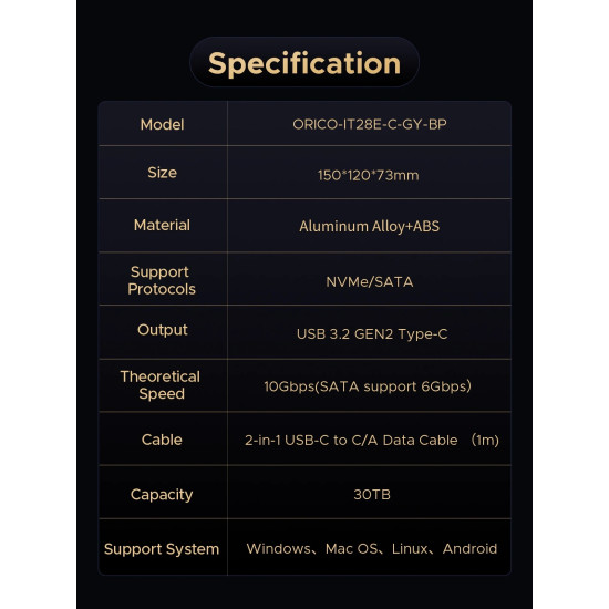 Orico докинг станция Storage - HDD/M.2 Dock - 2 BAY Offline Clone 2.5/3.5/M.2 NVMe USB-C/USB-A - IT28E-C-EU-GY Orico докинг станция Storage - HDD/M.2 Dock - 2 BAY Offline Clone 2.5/3.5/M.2 NVMe USB-C/USB-A - IT28E-C-EU-GY