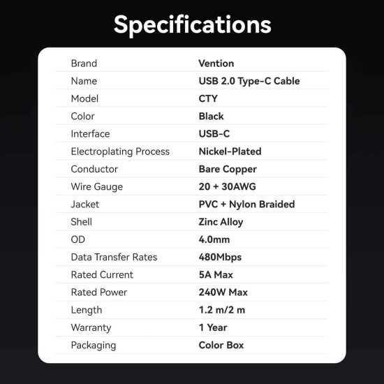 Vention кабел Cable - USB2.0 Type-C to Type-C - 5A Fast Charging, 240W, PD3.1, 1.2m -  CTYBAV Vention кабел Cable - USB2.0 Type-C to Type-C - 5A Fast Charging, 240W, PD3.1, 1.2m -  CTYBAV