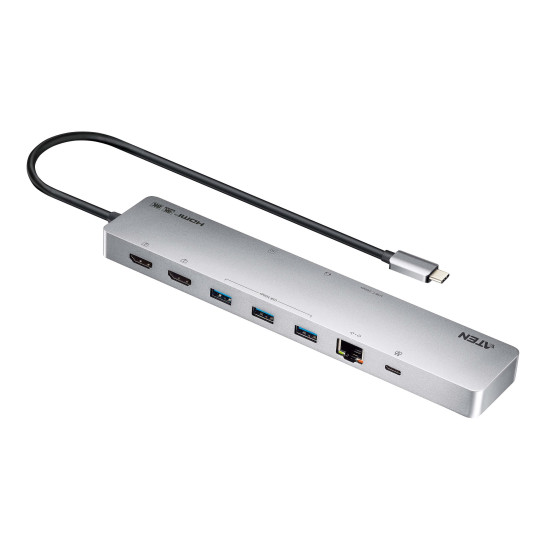 ATEN Docking 11-in-1 USB-C Multiport Dock + Power Pass-Through, 2 x HDMI, LAN, 3.5mm, USB-C, SD Card, microSD, 3 x USB 3.2 ATEN Docking 11-in-1 USB-C Multiport Dock + Power Pass-Through, 2 x HDMI, LAN, 3.5mm, USB-C, SD Card, microSD, 3 x USB 3.2