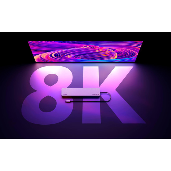 ATEN Docking 11-in-1 USB-C Multiport Dock + Power Pass-Through, 2 x HDMI, LAN, 3.5mm, USB-C, SD Card, microSD, 3 x USB 3.2 ATEN Docking 11-in-1 USB-C Multiport Dock + Power Pass-Through, 2 x HDMI, LAN, 3.5mm, USB-C, SD Card, microSD, 3 x USB 3.2