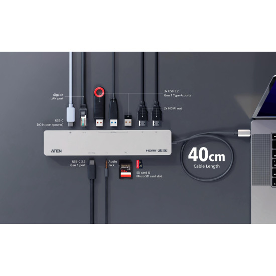 ATEN Docking 11-in-1 USB-C Multiport Dock + Power Pass-Through, 2 x HDMI, LAN, 3.5mm, USB-C, SD Card, microSD, 3 x USB 3.2 ATEN Docking 11-in-1 USB-C Multiport Dock + Power Pass-Through, 2 x HDMI, LAN, 3.5mm, USB-C, SD Card, microSD, 3 x USB 3.2
