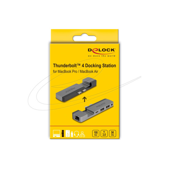 Delock Docking Station for MacBook Pro / MacBook Air Thunderbolt™ 4 with 5K Resolution / 100 W PD / 10 Gbps Hub / LAN / Audio Delock Docking Station for MacBook Pro / MacBook Air Thunderbolt™ 4 with 5K Resolution / 100 W PD / 10 Gbps Hub / LAN / Audio