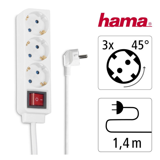 Hama Power Strip, 3-Way, with Switch, 1.4 m, white Hama Power Strip, 3-Way, with Switch, 1.4 m, white
