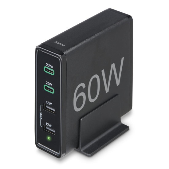Hama 4-Port Charging Stn, Fast Charger, 2x USB-C, 2x USB-A, PD, 60 W, blk Hama 4-Port Charging Stn, Fast Charger, 2x USB-C, 2x USB-A, PD, 60 W, blk
