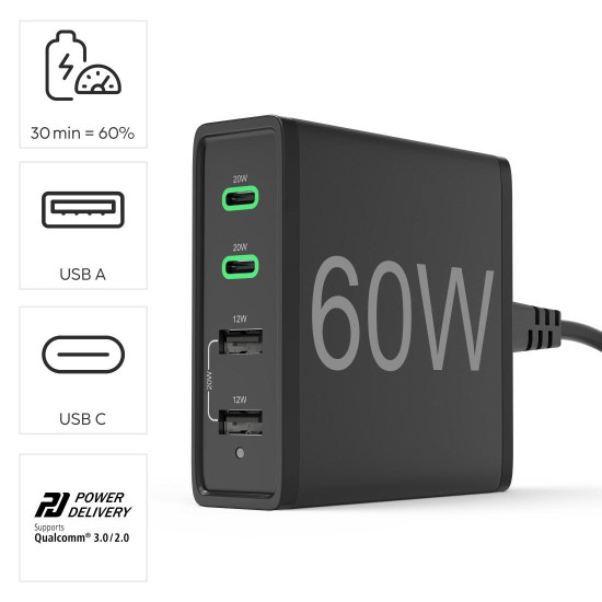 Hama 4-Port Charging Stn, Fast Charger, 2x USB-C, 2x USB-A, PD, 60 W, blk Hama 4-Port Charging Stn, Fast Charger, 2x USB-C, 2x USB-A, PD, 60 W, blk
