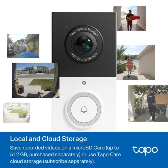 TP LINK smart video doorbell Tapo D210, 2K QHD (2560×1440), 160° viewing angle, microSD up to 512 GB, 2.4Ghz, AI-recognition