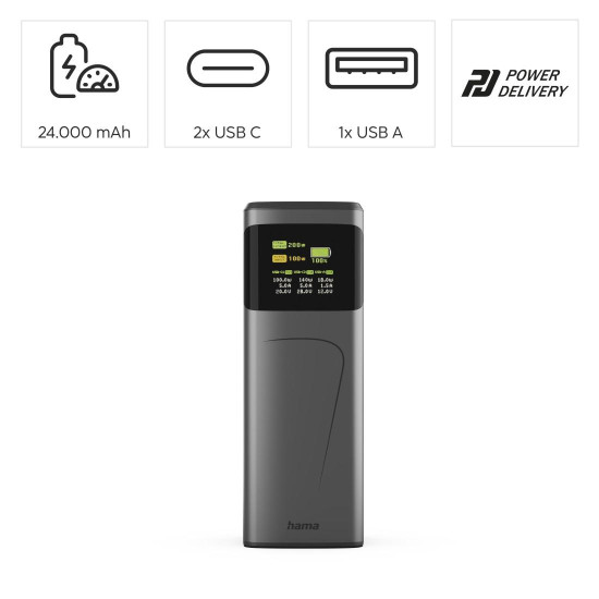 HAMA Външна батерия „High Power“, 200 W, 24000 mAh, 2x USB-C, USB-A, бързо зареждане
