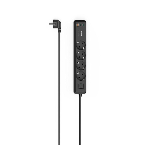 Hama Power Strip, 4-Way, USB-C/A 65 W, PD, Switch, 1.4 m, black/grey