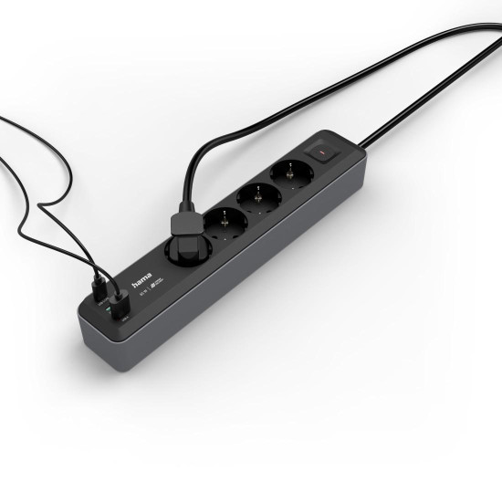 Hama Power Strip, 4-Way, USB-C/A 65 W, PD, Switch, 1.4 m, black/grey