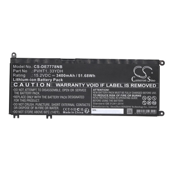 Laptop Battery for DELL G3 15, G5 15 5587, INS 15PD-1863BL, Latitude 15 3590, 33YDH, W7NKD, LiIon 15.2V  3400mAh CAMERON SINO