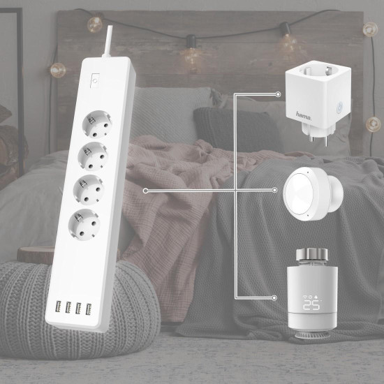 Hama Smart WLAN Power Strip, 4-Way, Indiv. Switchable, Overload Prot., 4x USB