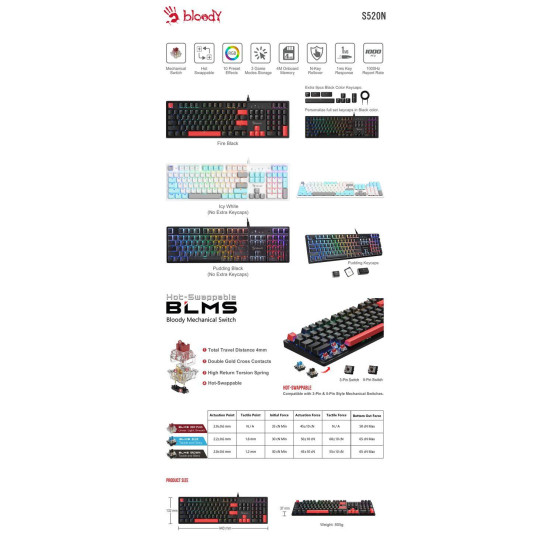Gaming Keyboard A4tech Bloody S520N Fire Black - BLMS Red Plus Switch