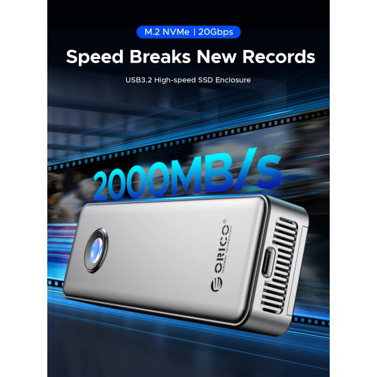 Orico външна кутия за диск Storage - Case - M.2 NVMe M key - USB-C/A, 20Gbps, Built-in Air Cooling, Aluminium - OUM2-G20-SV