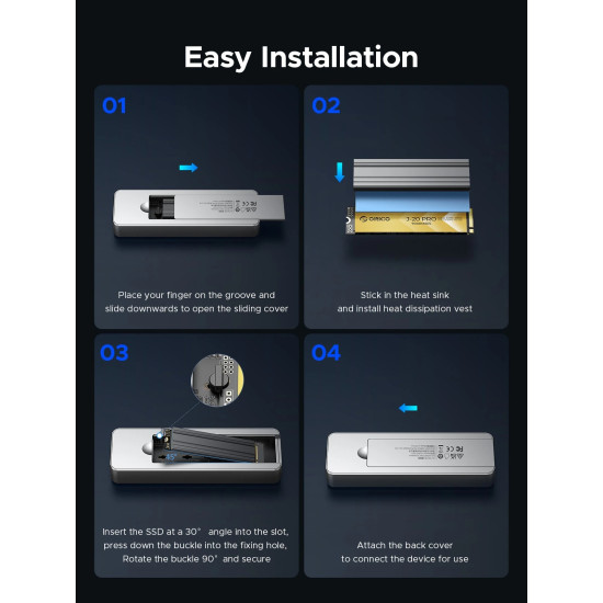 Orico външна кутия за диск Storage - Case - M.2 NVMe M key - USB-C/A, 20Gbps, Built-in Air Cooling, Aluminium - OUM2-G20-SV