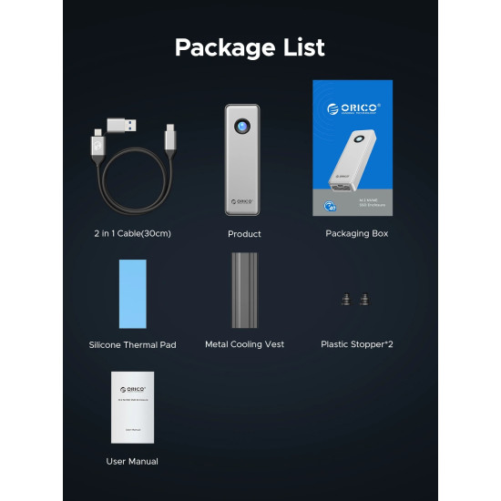 Orico външна кутия за диск Storage - Case - M.2 NVMe M key - USB-C/A, 20Gbps, Built-in Air Cooling, Aluminium - OUM2-G20-SV