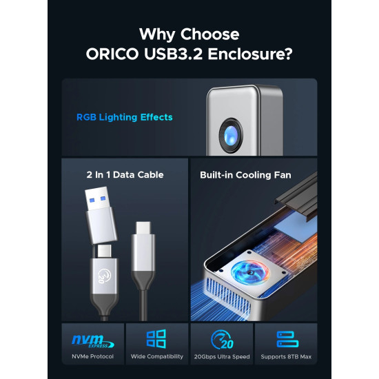 Orico външна кутия за диск Storage - Case - M.2 NVMe M key - USB-C/A, 20Gbps, Built-in Air Cooling, Aluminium - OUM2-G20-SV