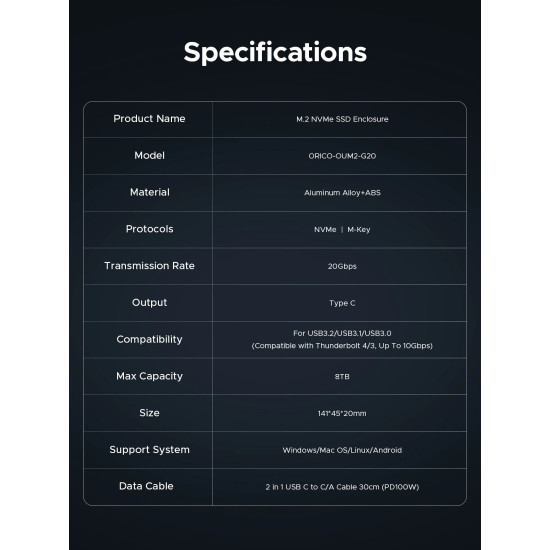 Orico външна кутия за диск Storage - Case - M.2 NVMe M key - USB-C/A, 20Gbps, Built-in Air Cooling, Aluminium - OUM2-G20-SV