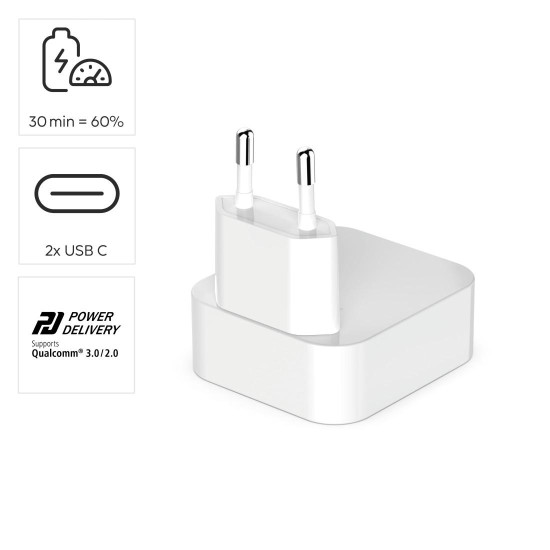 Hama Fast Charger, GaN, 2x USB-C, Folding Mini Charger, PD, 40 W, white