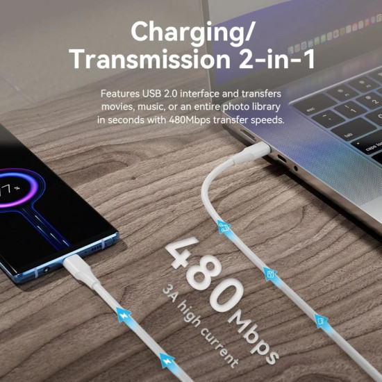 Vention Кабел USB 2.0 Type-C to Type-C - 1M White 3A Fast Charge - TAXWF
